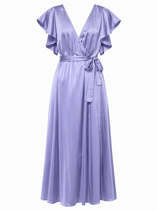 【新品DRESS 1014】カシュクールフリルフレンチスリーブフレアミディアムドレス パープル【VILA】